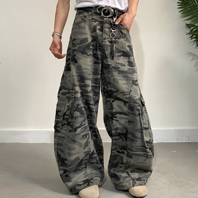 迷彩阔腿工装裤弯刀牛仔裤男女