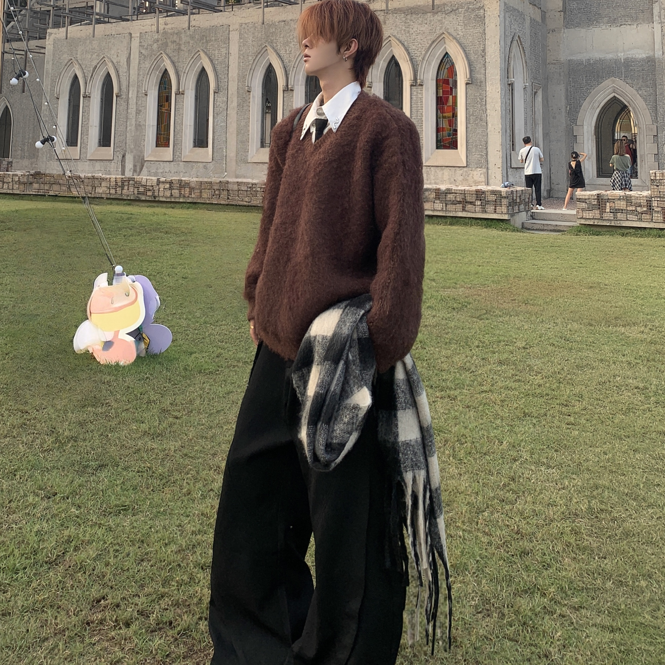 加厚V领纯色针织衫宽松套头毛衣