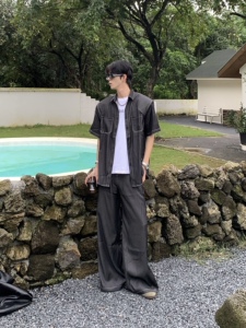 Med老叔 原创大口袋牛仔衬衫短袖男复古水洗宽松阔腿休闲裤套装潮