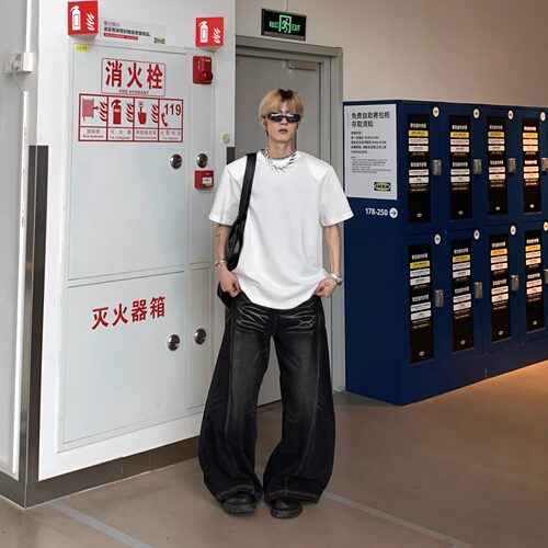 纯色百搭垫肩短袖T恤男