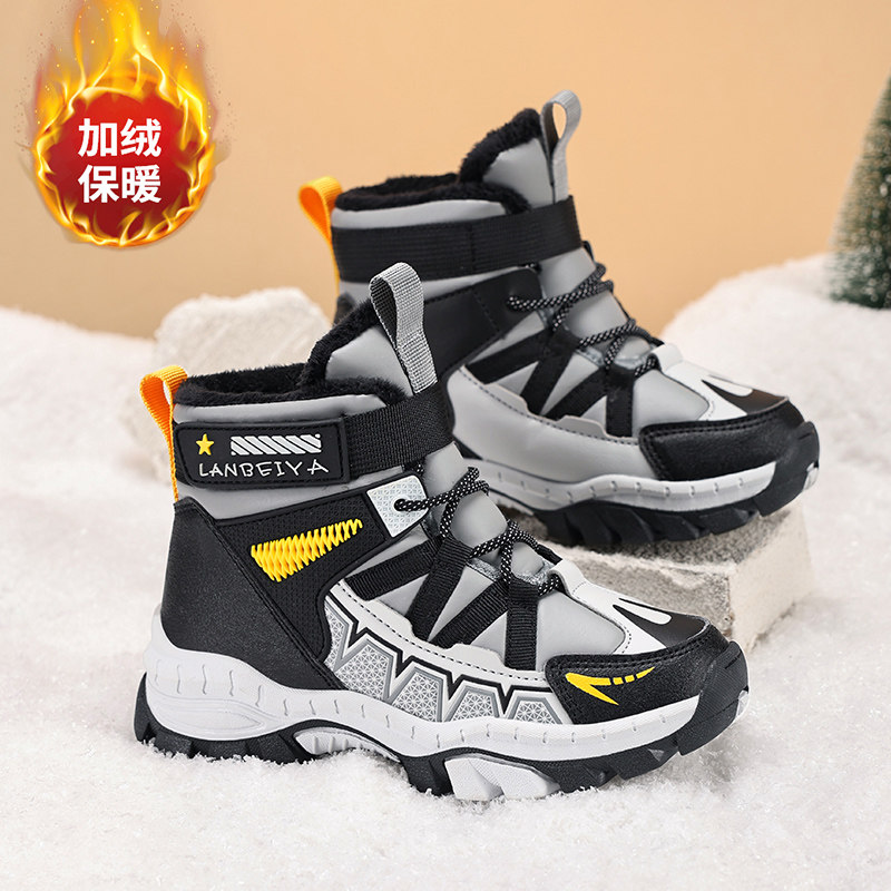 儿童雪地靴男童2025冬季新款皮面加绒运动短靴小学生防滑保暖棉鞋