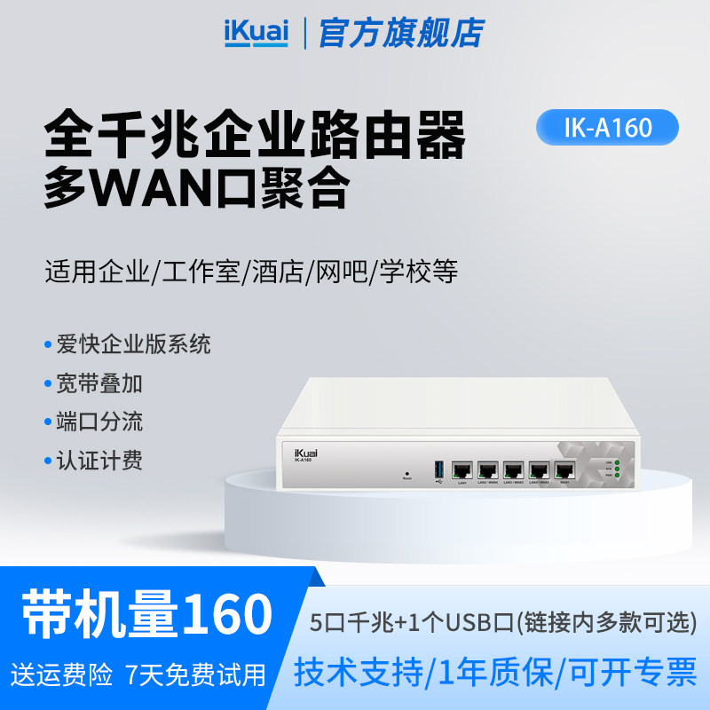 爱快A160企业级有线路由器5口高速千兆网关2.5G多WAN口宽带叠加行为管理远程办公ac+ap组网支持IPv6不带wifi