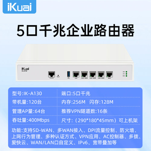 爱快企业级有线路由器5口高速千兆网关2.5G多WAN口宽带叠加行为管理远程办公ac+ap组网支持IPv6 A130