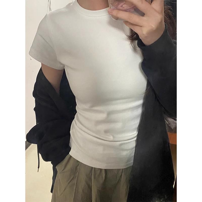 大码胖妹妹白色t恤女正肩短袖夏季新款显瘦修身纯棉打底紧身上衣