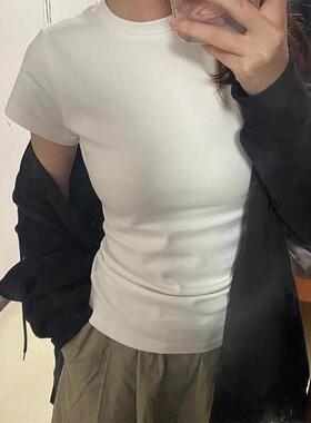 大码胖妹妹白色t恤女正肩短袖夏季新款显瘦修身纯棉打底紧身上衣