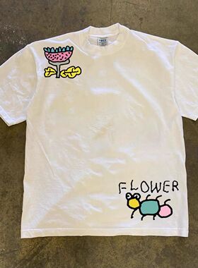 花朵蜜蜂卡通印花重磅230g圆领字短袖insT恤男女同款圆领上衣
