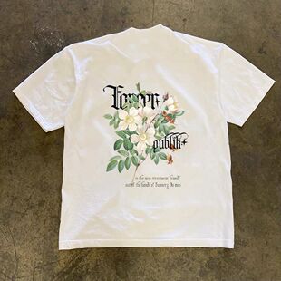 欧美风复古短袖t恤青年男女新款白色花朵印花宽松休闲潮牌体恤