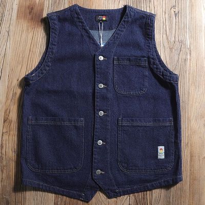 春季日系户外山系多口袋牛仔工装马甲男款菠萝纹V领蓝色牛仔背心