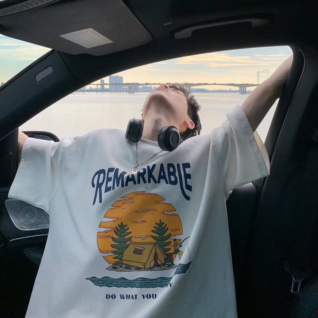 精梳棉短袖男士潮流情侣装T恤港风ins宽松圆领半袖体恤上衣