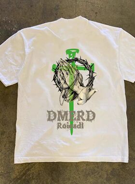 四季简约街头国潮十字架男装嘻哈圆领宽松百搭英文花藤印花insT恤