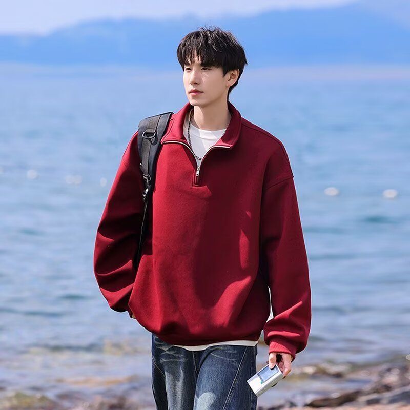 2024潮牌港风拼色长袖Polo衫男刺绣字母美式复古宽松半拉链卫衣