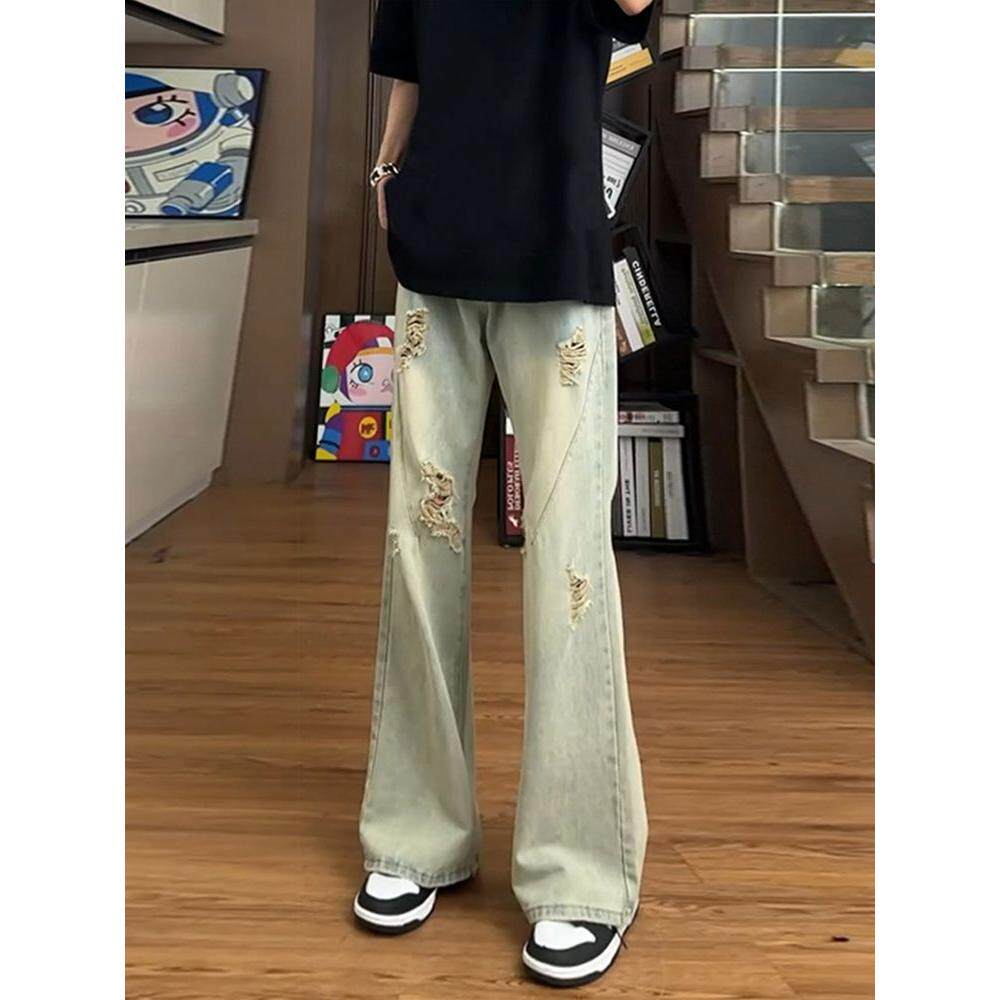 黄泥微喇破洞牛仔裤2024新款男夏季薄款直筒宽松美式高街裤子潮牌