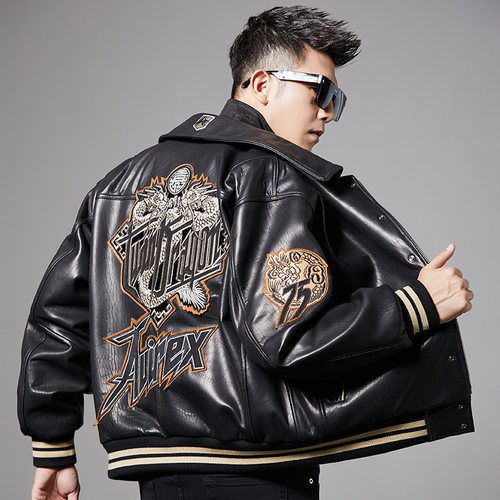 重工刺绣潮流翻领真皮皮衣外套