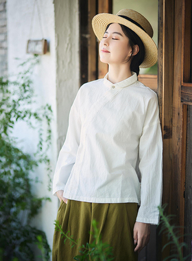 【照本堂】秋季新款新中式棉麻女装20支斜襟小翻领长袖上衣W12251