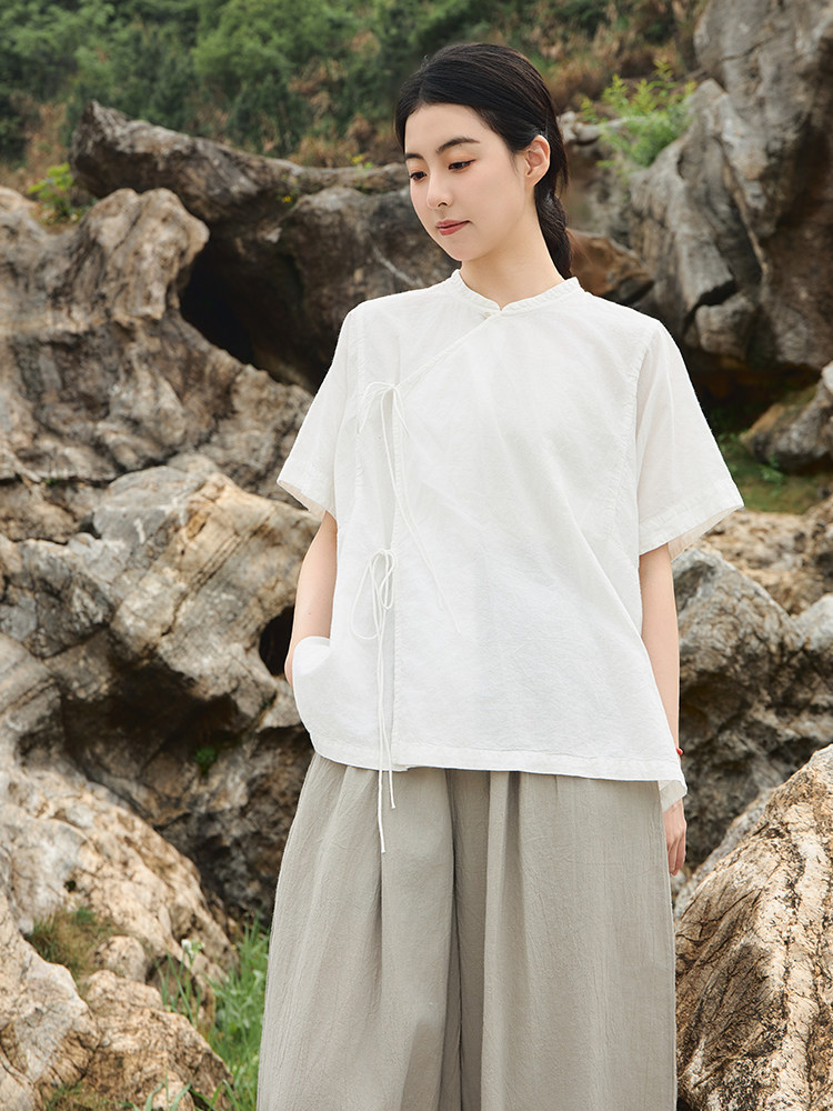 [ZHAOHONDO WOMENS CLOTHING] NEW HIGH-END COTTON LINEN LINEN 30 SMALL STAND UP COLLAR TIE TOP WOMENS W12483