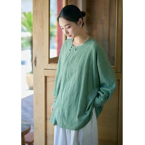 【照本堂】2026春季新款女装新中式21支天丝麻圆领盘扣上衣W12762