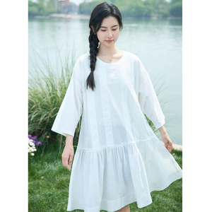 【照本堂】2026春季新款女装棉麻30支国风拼接荷叶边连衣裙W32691