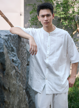 【照本堂】2025夏季新款新中式衬衫男棉麻30支休闲立领短袖M12730
