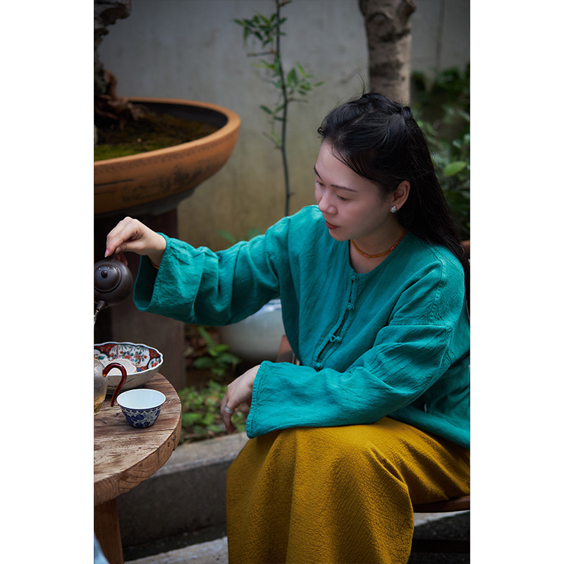 【照本堂】2026夏季新款女装14支天丝麻新中式圆领盘扣上衣W12909