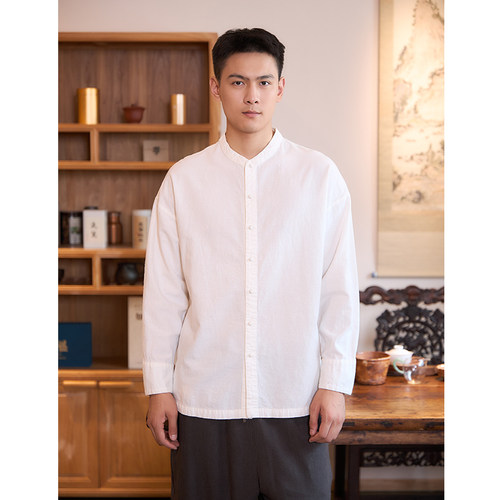 【照本堂】2025秋季男装新款新中式棉麻20支盘扣衬衫M12802