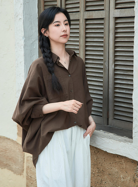 【照本堂】2025秋季新款衬衫女装棉麻30支设计感蝙蝠袖上衣W12690