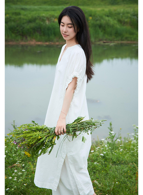 【照本堂】2025秋季新款纯色长裙棉麻20支宽松高级感连衣裙W32714