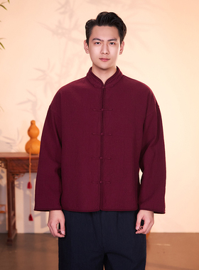 【照本堂】2026春季新款棉麻男装新中式双层立领盘扣上衣M12894