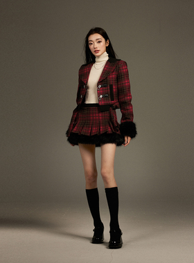 【现货】KeepBlue春秋复古格纹又a又飒套装小香风外套半裙两件套