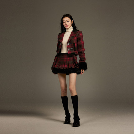 【现货】KeepBlue春秋复古格纹又a又飒套装小香风外套半裙两件套