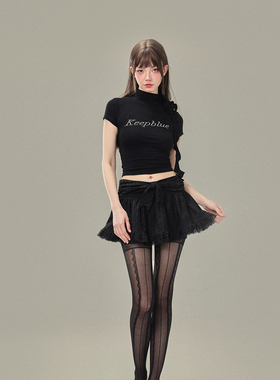 KeepBlue暗夜萝莉 甜酷辣妹风蝴蝶结设计蕾丝半身裙女夏黑色半裙