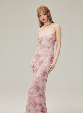 KeepBlue 雾野少女 蕾丝花边吊带碎花裙夏季连衣裙2024新款女春秋