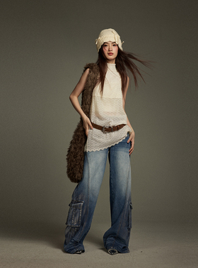 KeepBlue |烫银色阔腿裤低腰牛仔裤女2024年新款春夏款美式工装裤