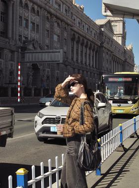 KeepBlue|曼城旧事 格子斜肩呢子系带衬衫女秋冬小众长袖气质上衣