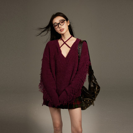 【现货】KeepBlue深V酒红别致绝美红毛衣女春秋系带围巾叠穿套装