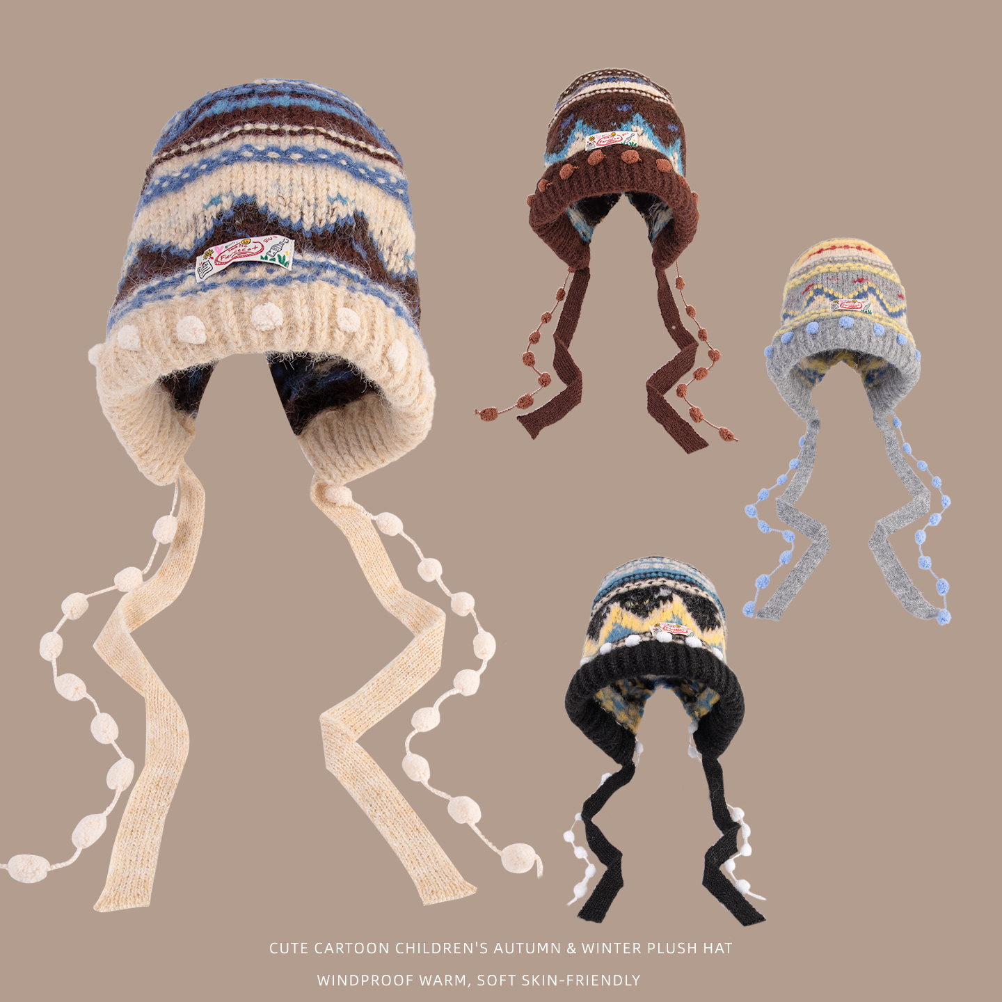 2025秋冬季个性风提花毛线帽女冬季保暖护耳绑带针织帽百搭防寒女