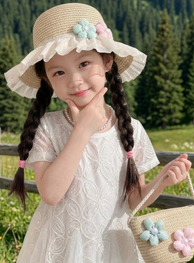 女童夏季户外草编花朵防晒透气帽
