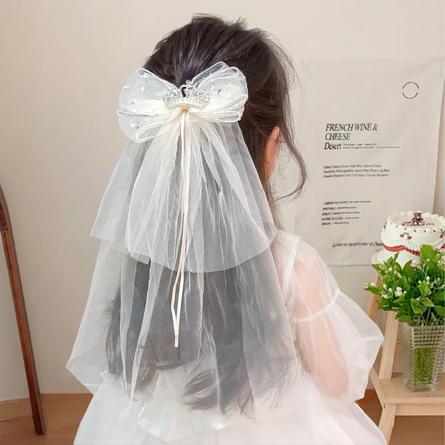 超仙白色头纱发夹皇冠头饰