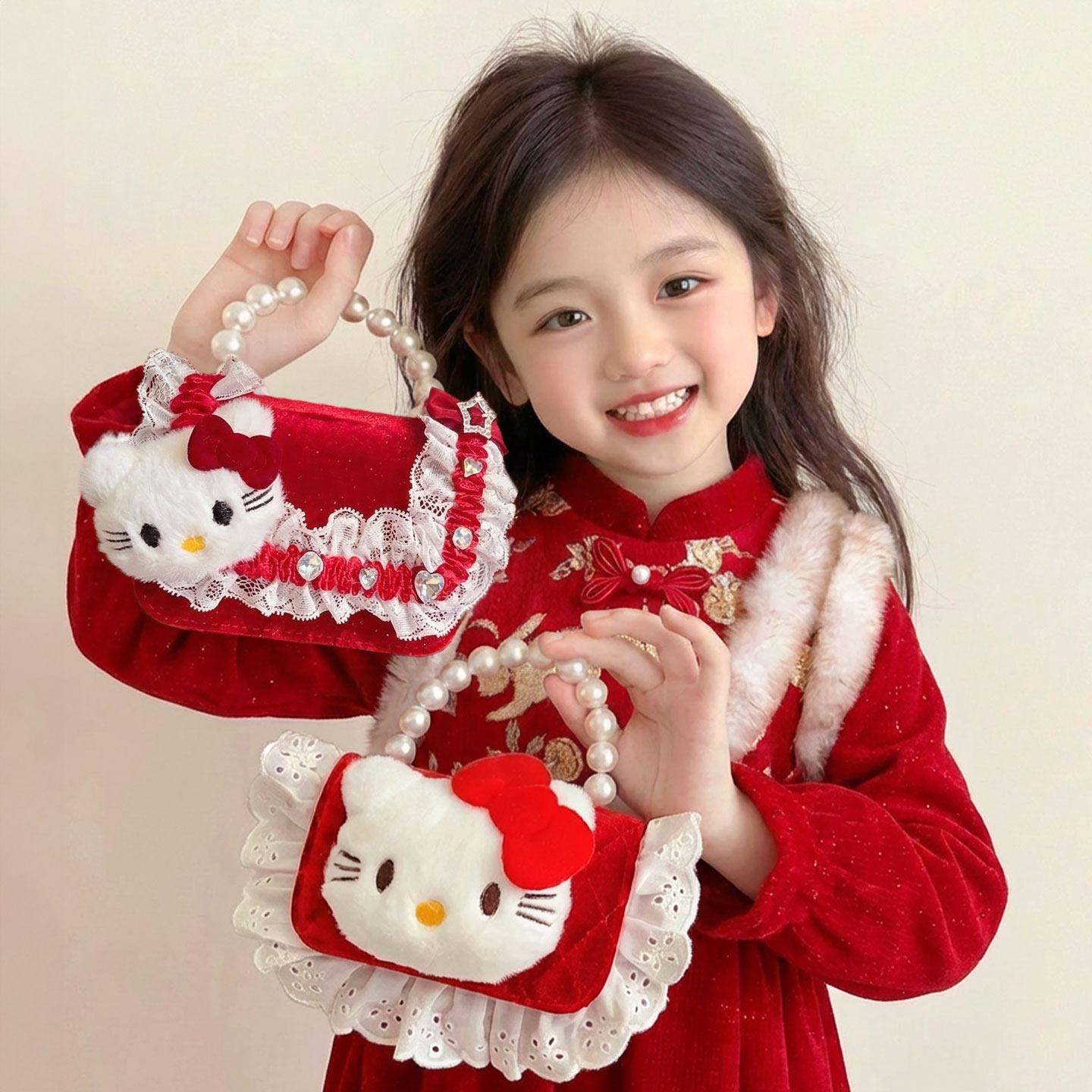 儿童包包女可爱卡通猫咪毛绒斜挎包蕾丝蝴蝶结小方包新年喜庆配饰,玩具/童车/益智/积木/模型,斜挎包/拎包/腰包,淘宝优惠券,粉丝福利购,淘宝优惠卷