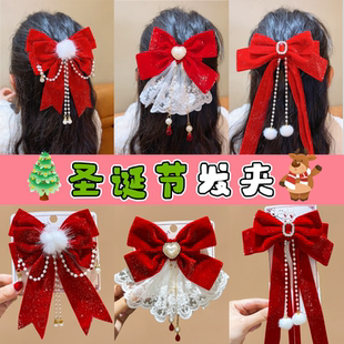 圣诞节发饰女童红色蝴蝶结头饰发夹儿童发卡公主高级感后脑勺头花