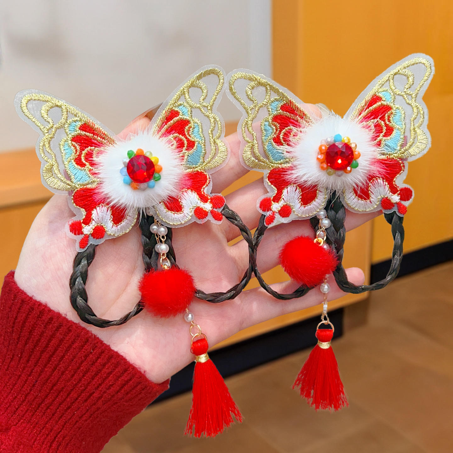 新年红女童汉服蝴蝶结发夹