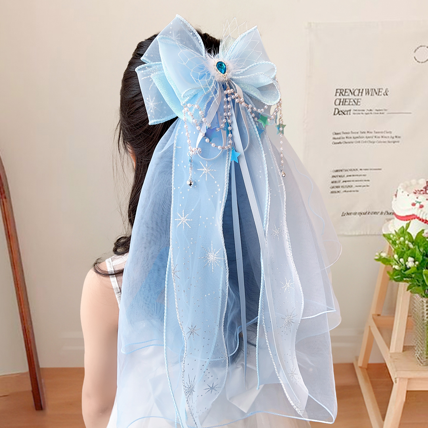 儿童头纱蝴蝶结发夹女童冰雪艾莎公主头饰小女孩网纱水钻发卡边夹