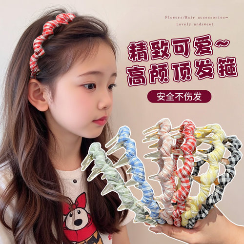 高颜值布艺格子少女心带齿发箍