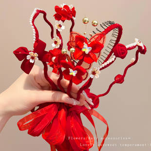 韩式高级感红色发箍儿童发卡精致编发飘带头饰新年拍照小公主头箍