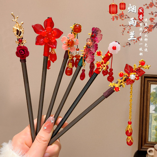 儿童汉服发簪新年小女孩写真拍照马面裙流苏木簪盘发钗女童头饰