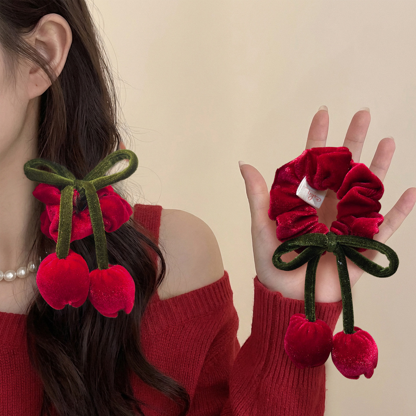 酒红色丝绒大肠发圈新年发饰女甜美显白玫瑰郁金香花苞头绳肥肠圈