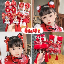 10件套女童拜年頭飾紅色中國風新年發夾兒童過年蝴蝶結發卡發飾女