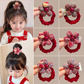 儿童格子花朵发圈女童红色卡通猫咪发绳公主头饰皮筋头绳新年发饰