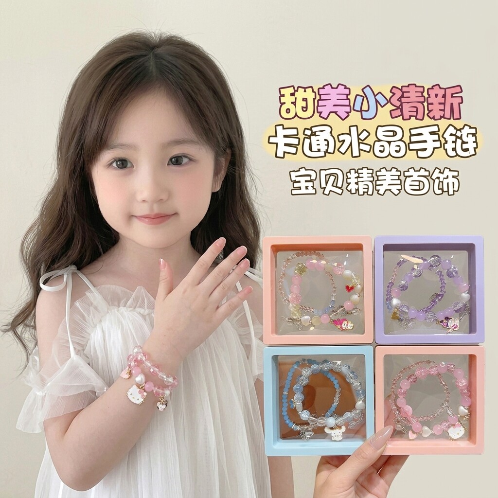 卡通儿童水晶手链女童甜美彩色串珠首饰小女孩儿童节礼物手环手串图片