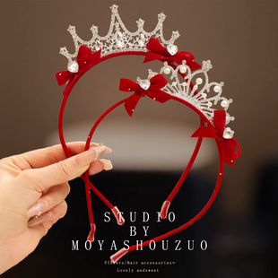 女童皇冠头箍小女孩高端精美新年红色钻石蝴蝶结发卡过年儿童发箍