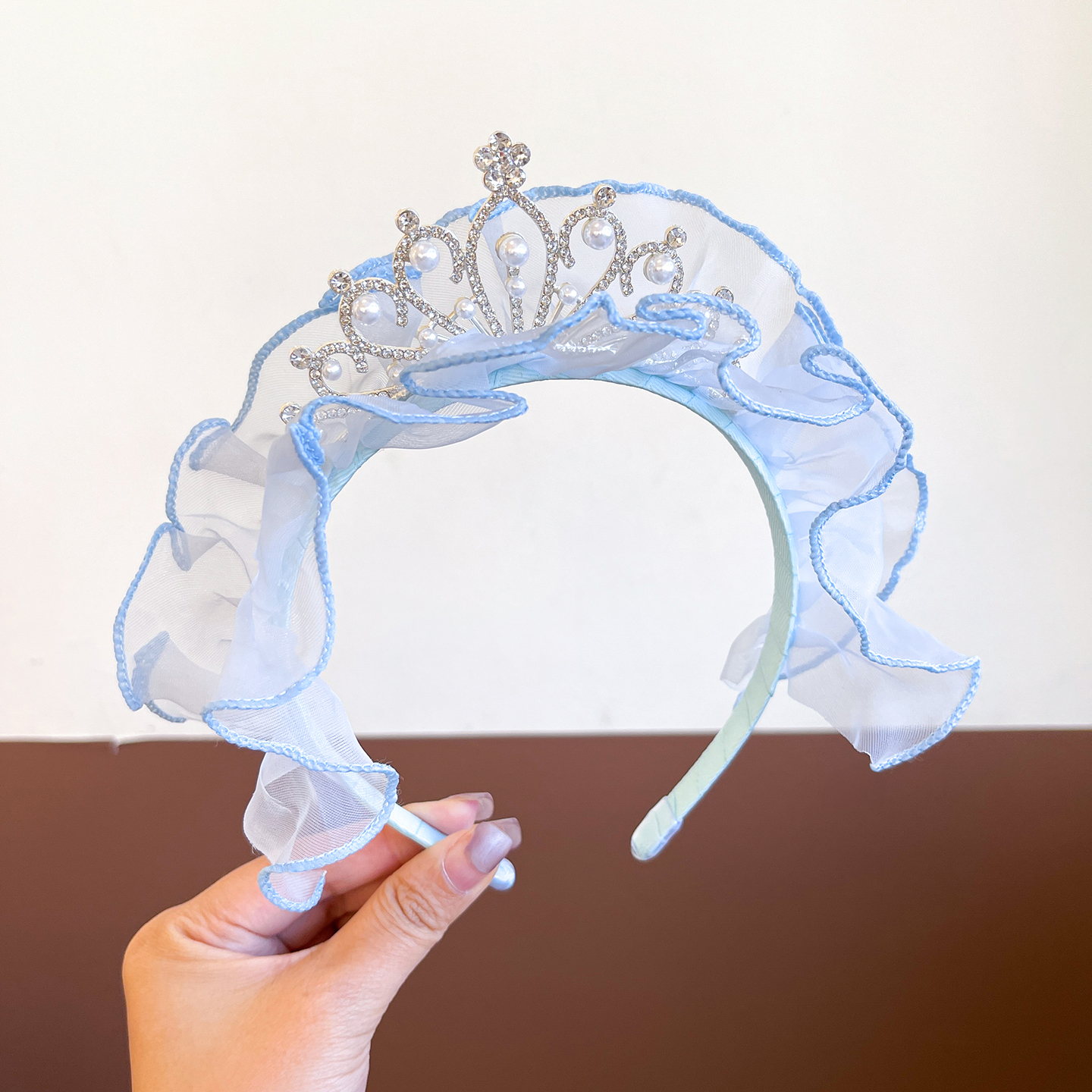 女童网纱皇冠发箍蓝色珍珠水钻头纱公主头饰宝宝生日礼物儿童头箍